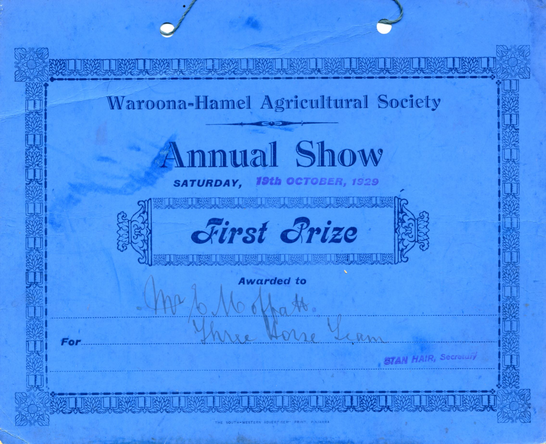 Waroona Show prize card 1929 Moffatt web